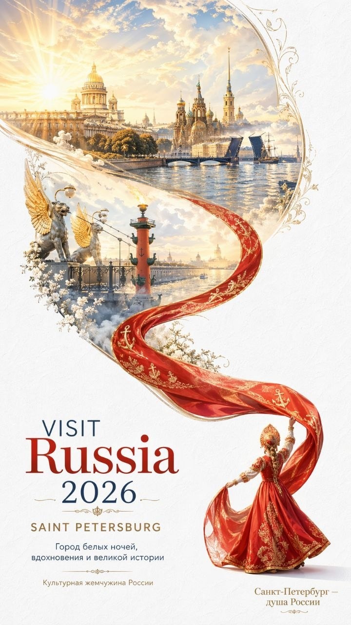 Туристический постер Санкт-Петербурга с красно-золотой лентой