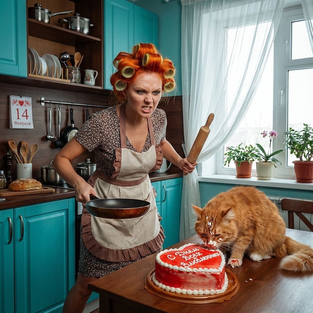 Кот испортил праздничный торт на кухне