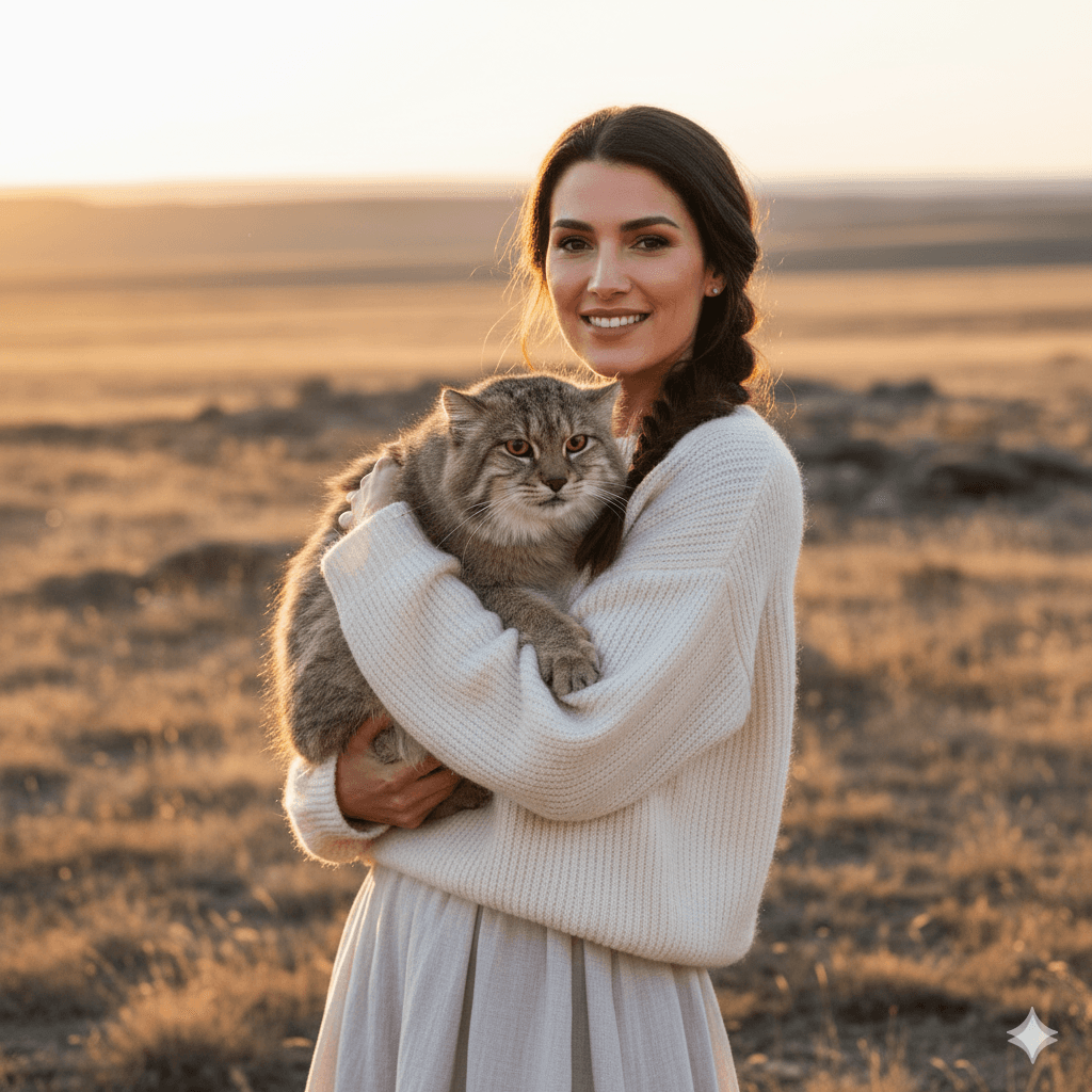 Портрет с манулом в степи на закате