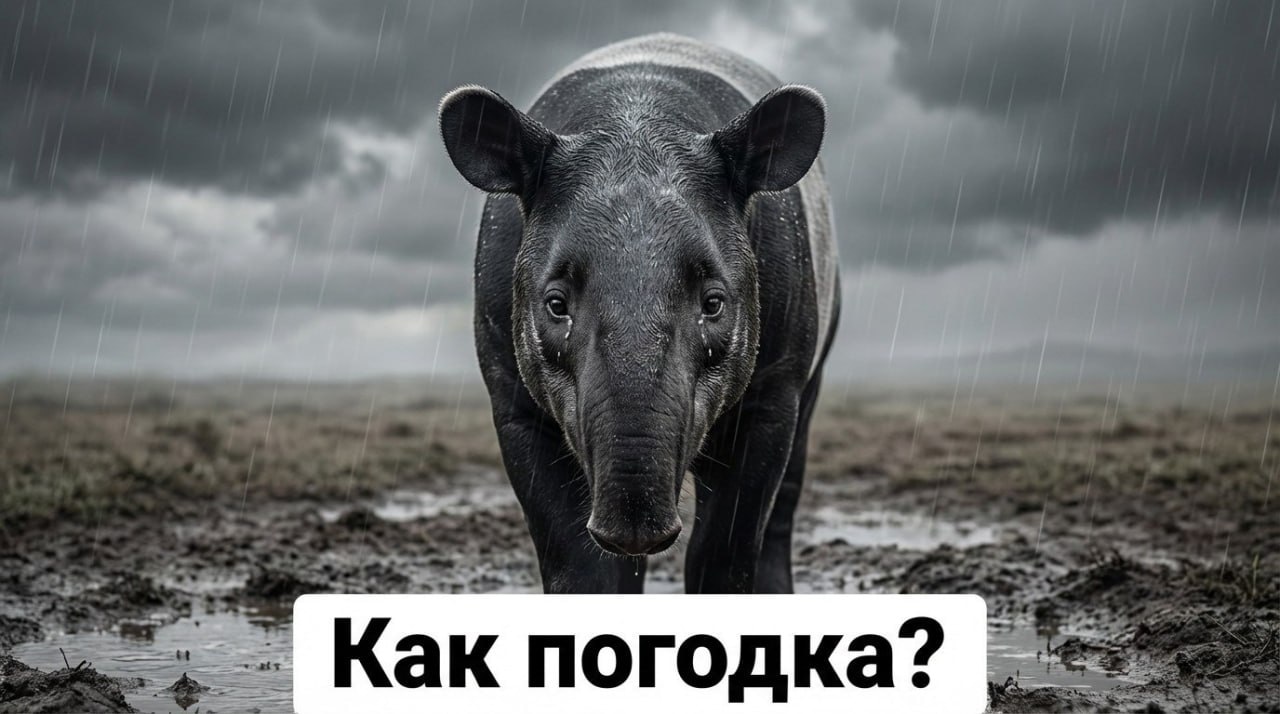 Грустный тапир под дождём с подписью «Как погодка?»