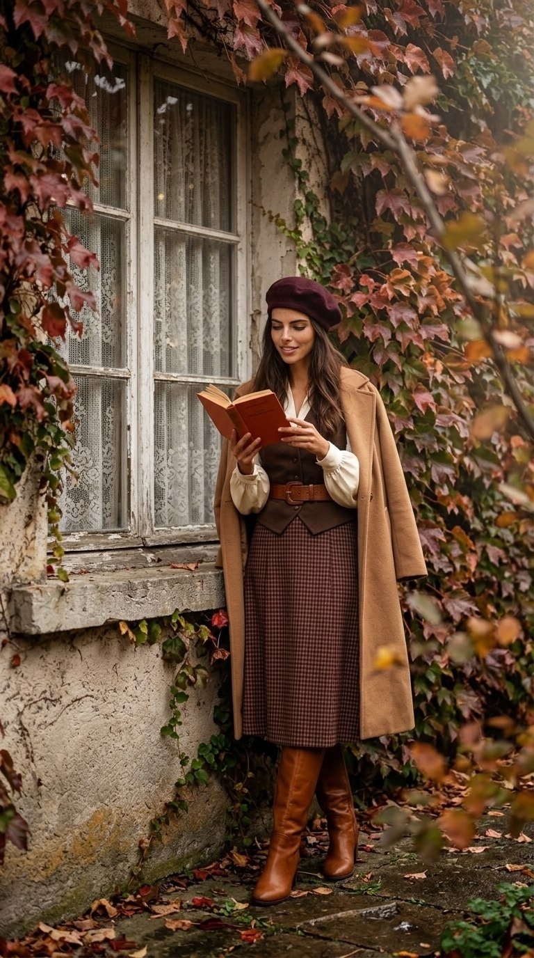 Осенняя фотосессия с книгой у окна в плюще