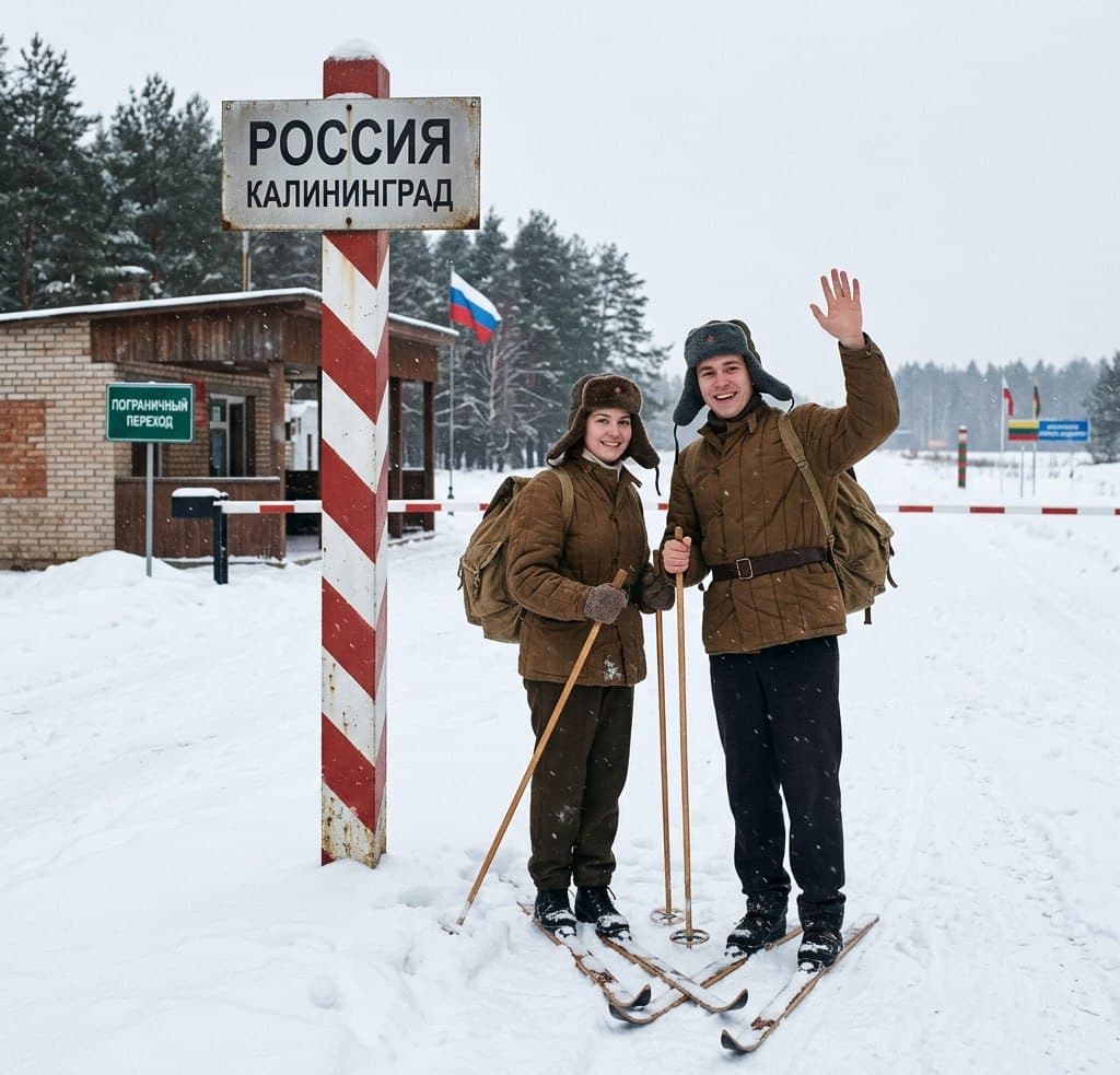 Пара на лыжах у калининградского пограничного КПП в ретростиле