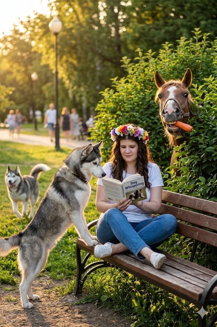 Девушка с книгой, хаски и лошадью в парке
