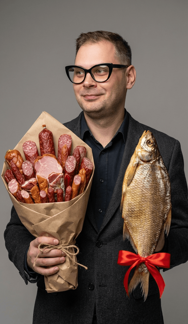 Шуточный праздничный портрет с мясным букетом и вяленым лещом