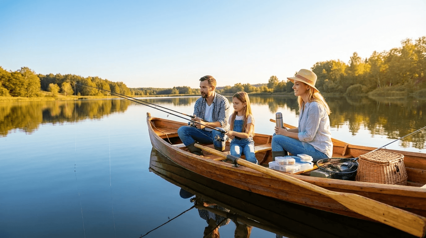 Семейная рыбалка в лодке на озере