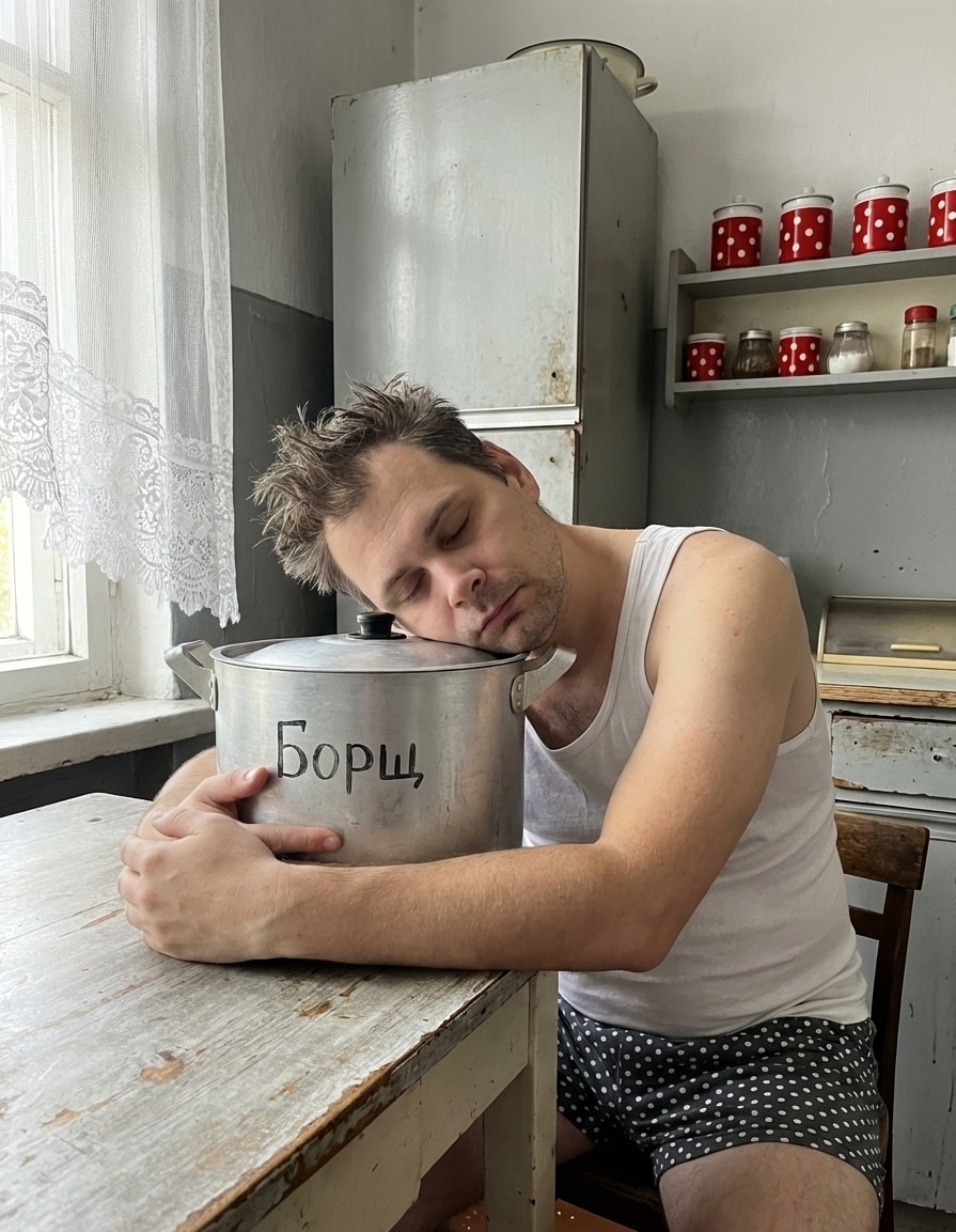 Сонный мужчина обнимает кастрюлю борща на советской кухне