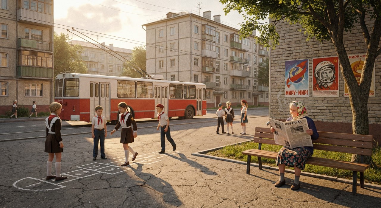 Советский двор с детьми, играющими в классики