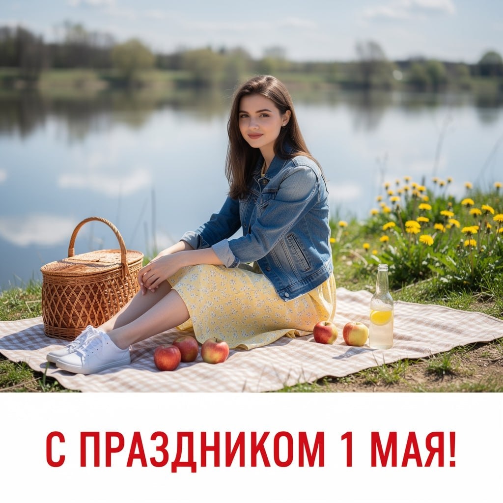 Открытка к 1 Мая с пикником у реки