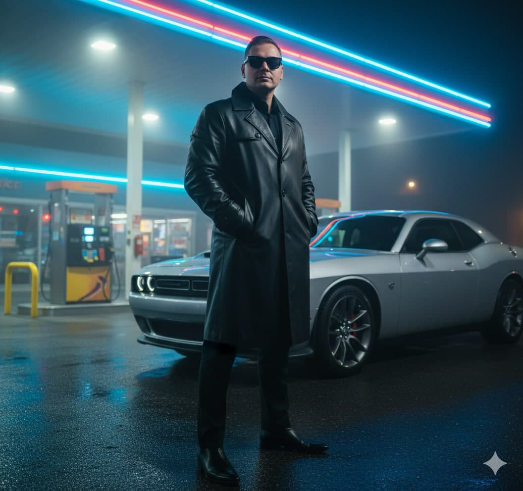 Мужчина в кожаном плаще у Dodge Challenger на ночной заправке