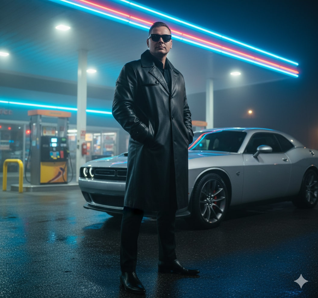 Мужчина в кожаном плаще у Dodge Challenger на ночной заправке