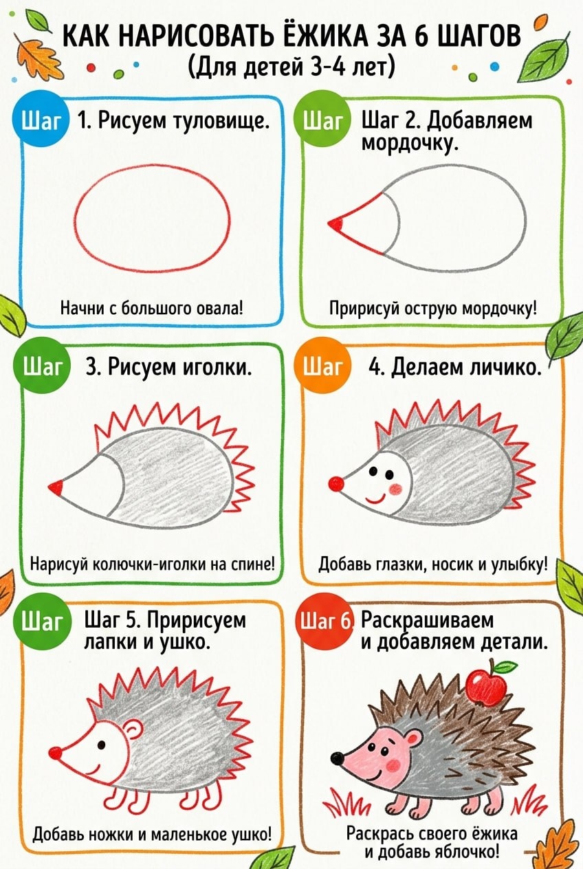 Пошаговая инструкция рисования ёжика для детей
