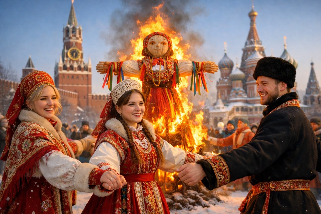 Масленичный хоровод у горящего чучела на Красной площади