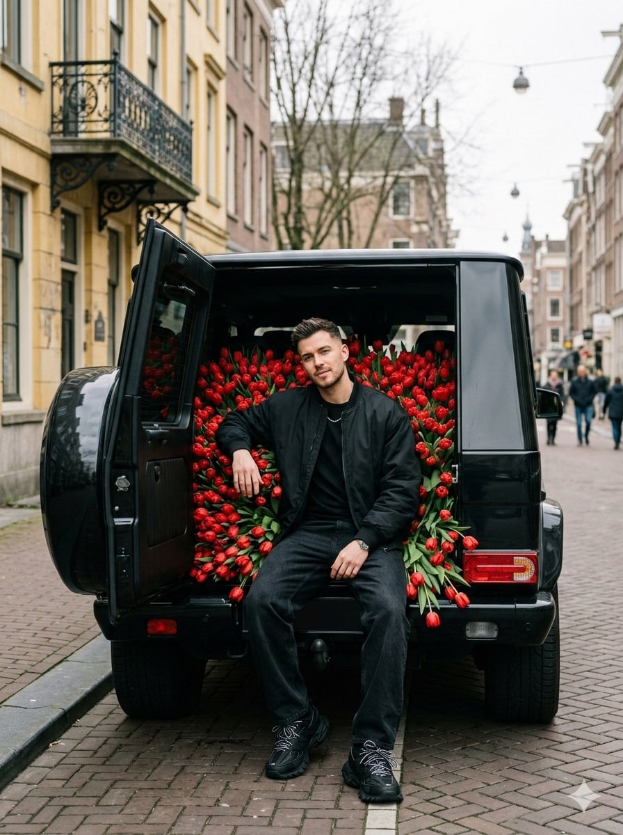 Мужчина у открытого багажника G-Class с красными тюльпанами