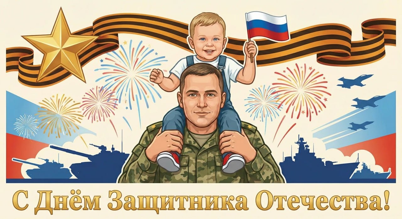 Военный с ребёнком на плечах на праздничной открытке