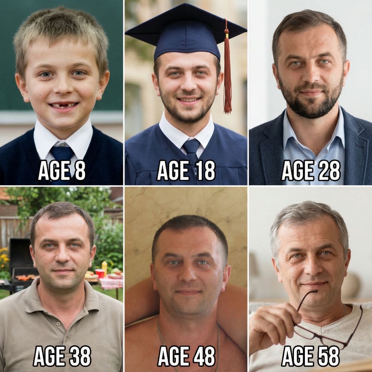 Коллаж из шести портретов от восьми до пятидесяти восьми лет