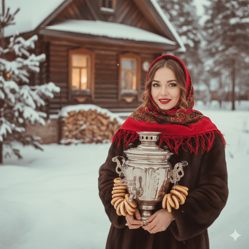 Зимний портрет с самоваром и баранками у деревенского дома