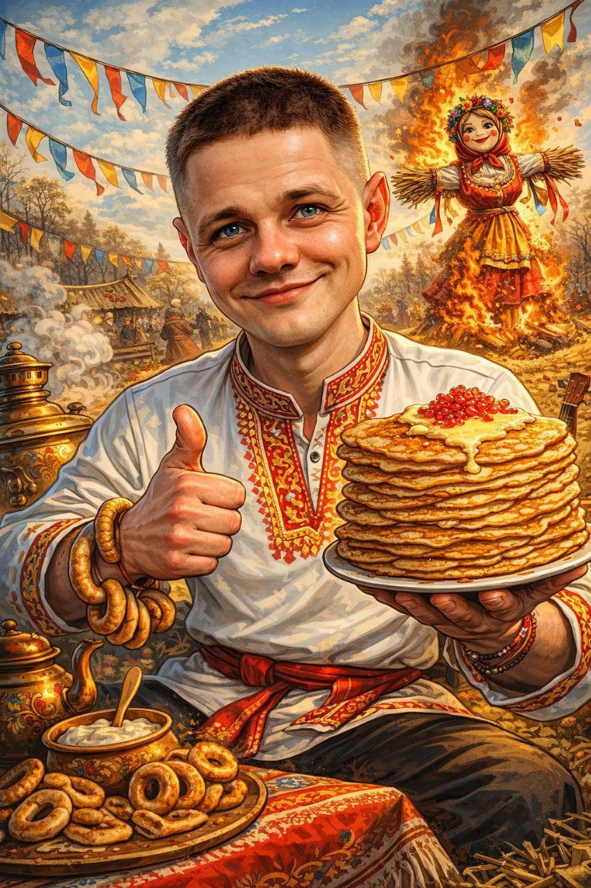 Масленичный шарж с блинами по фотографии