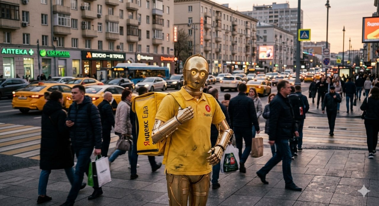 C-3PO работает курьером Яндекс Еды в Москве