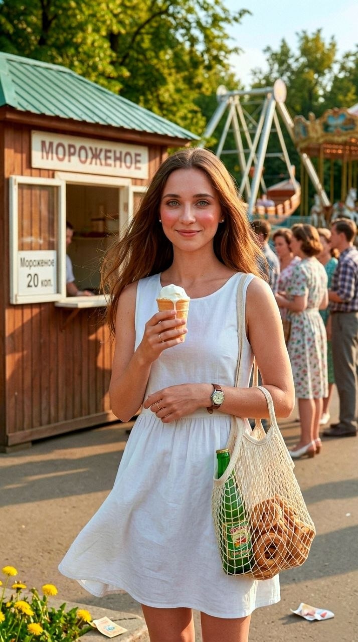 Мороженое и авоська у киоска в летнем парке