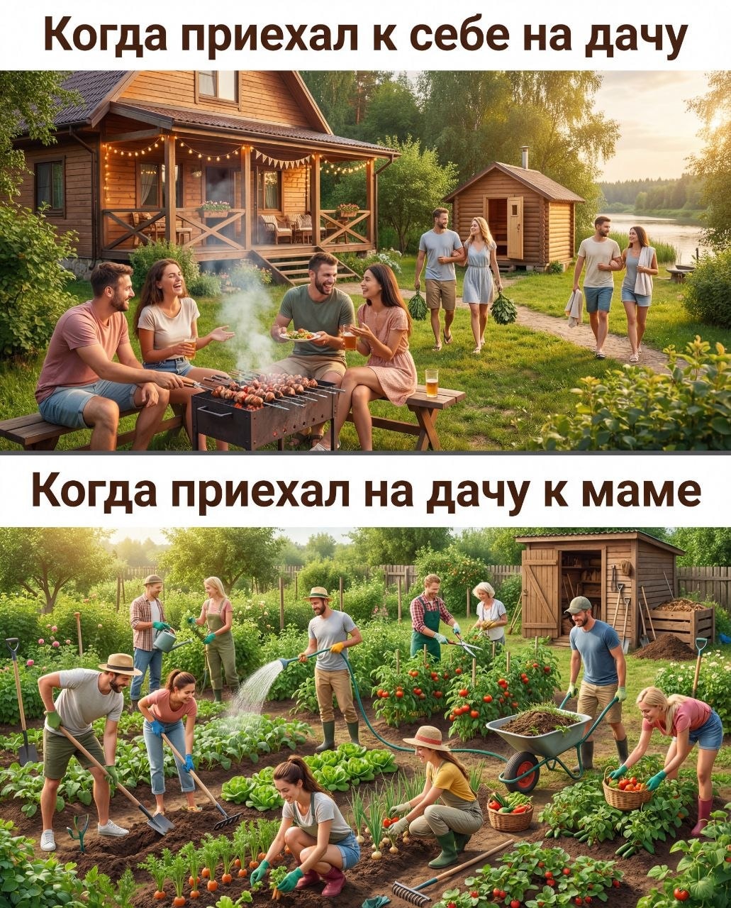Дачный фотоколлаж: отдых у себя и работа у мамы