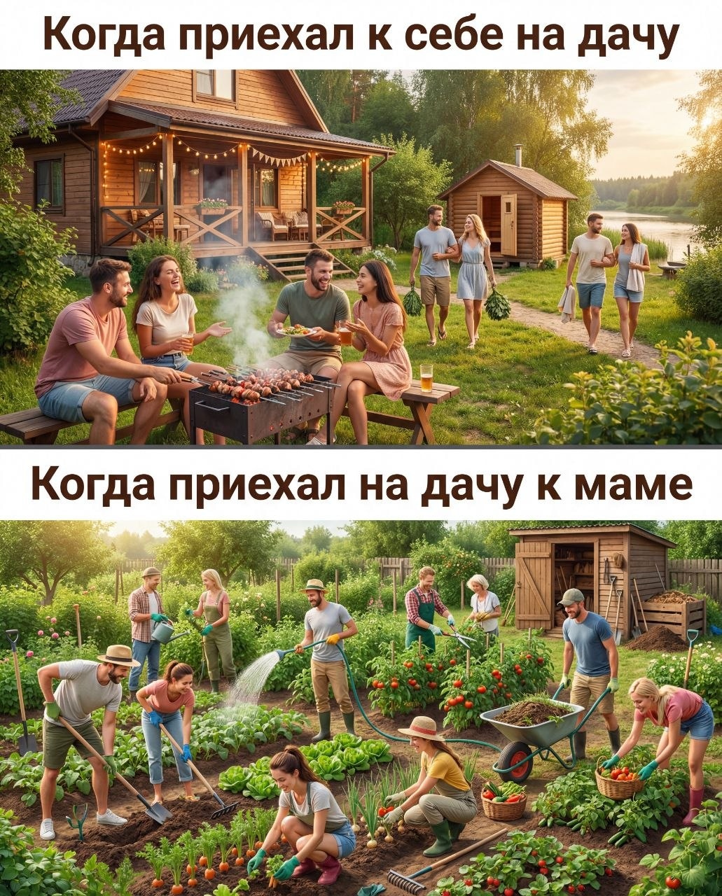 Дачный фотоколлаж: отдых у себя и работа у мамы