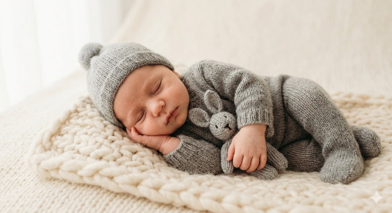 Спящий новорождённый с вязаным зайчиком