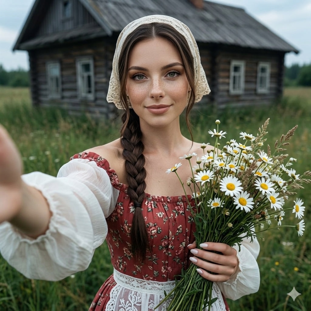 Селфи с ромашками у деревянного дома
