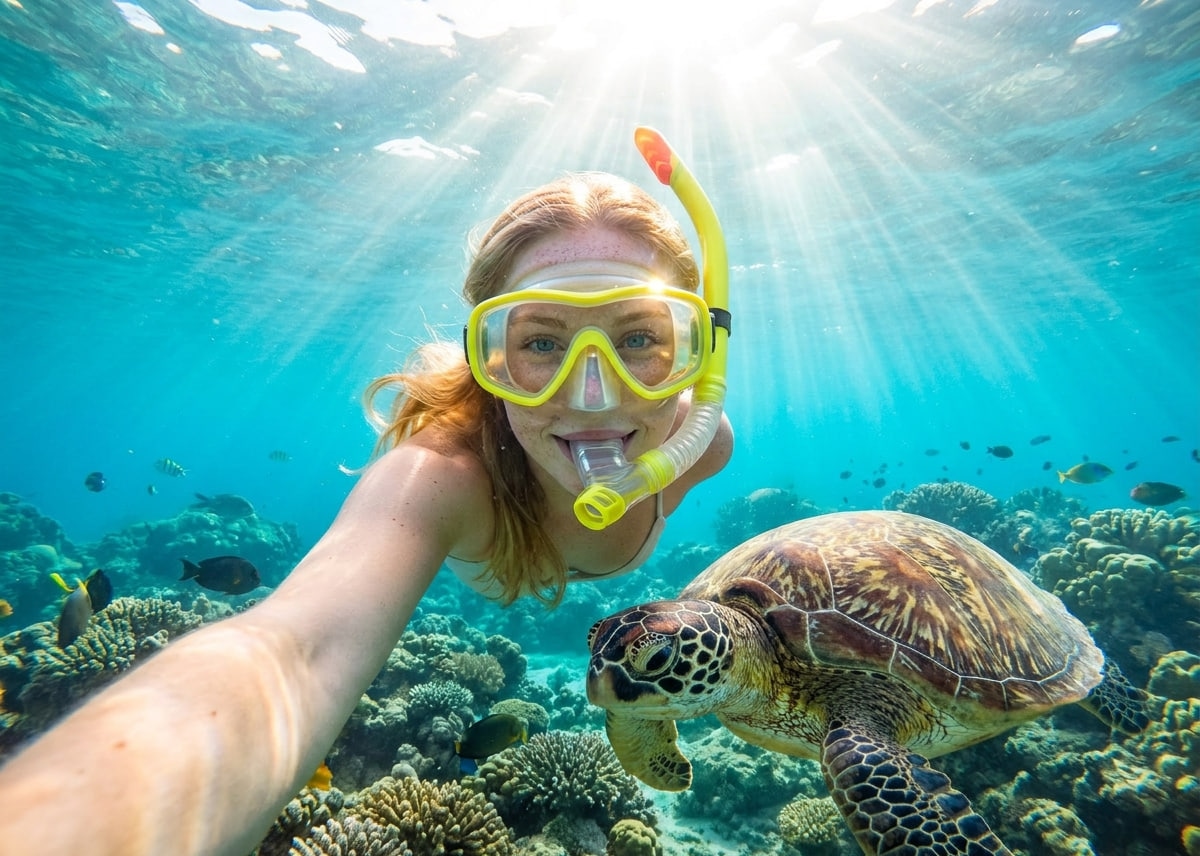 Подводное селфи с морской черепахой