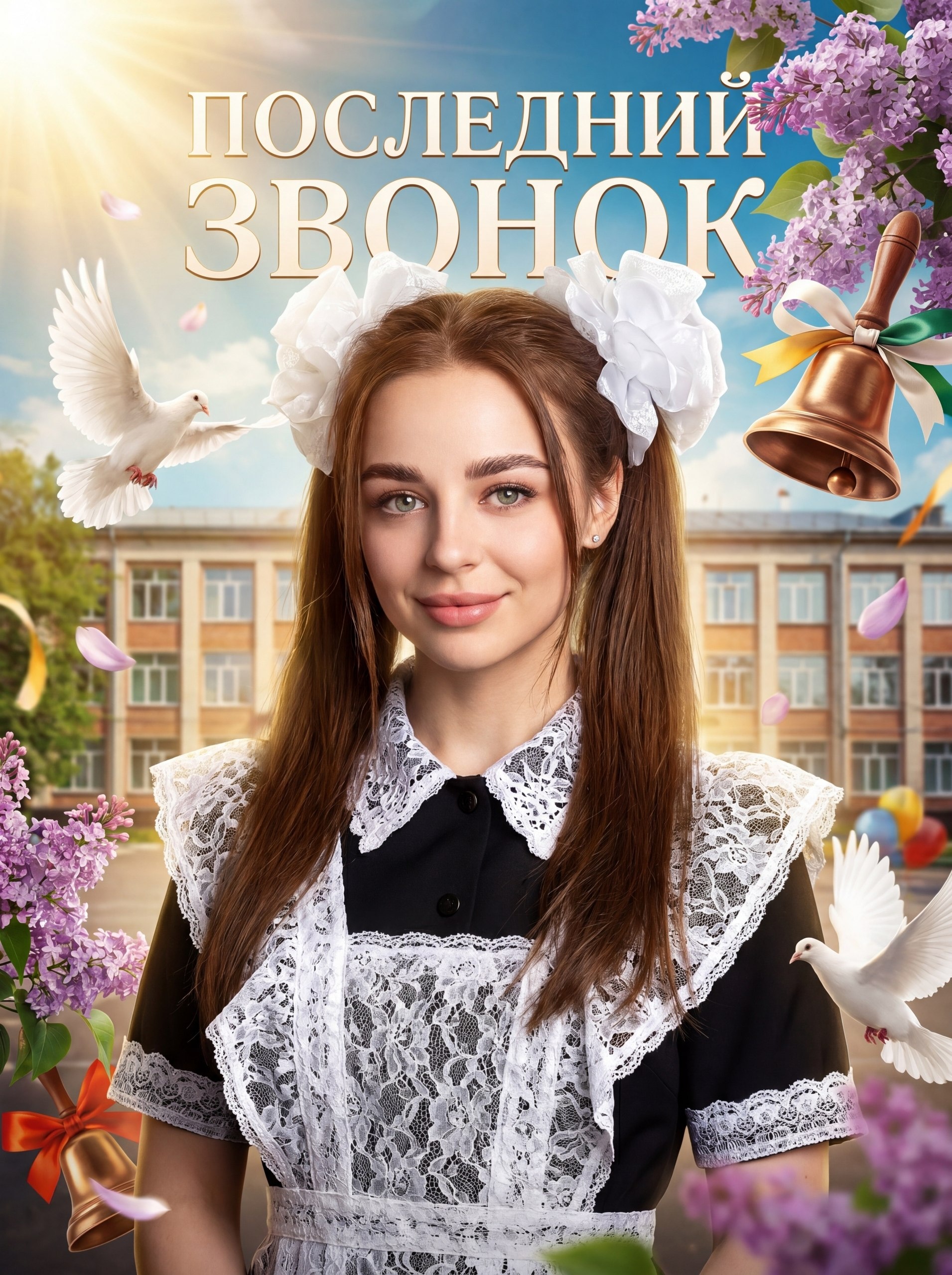 Постер «Последний звонок» с сиренью и голубями