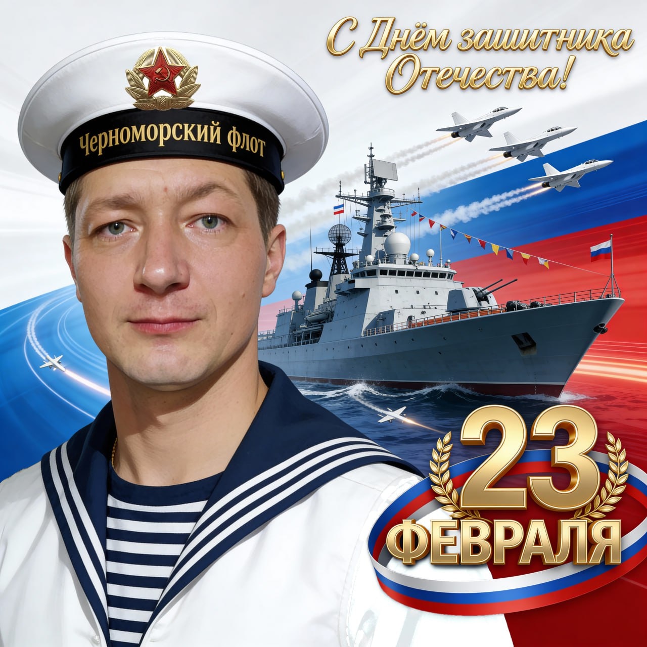 Моряк и корабль на открытке к 23 февраля