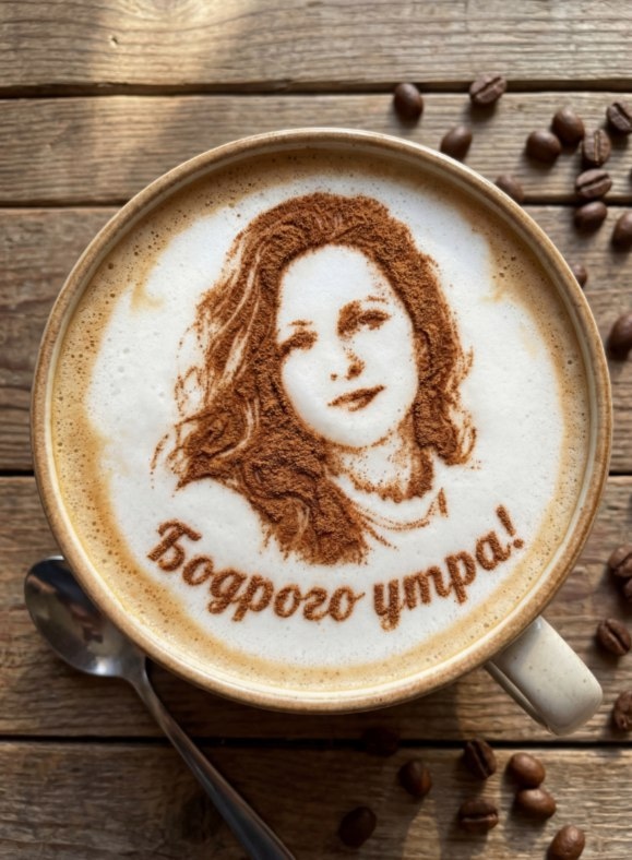 Портрет на пенке капучино с надписью «Бодрого утра!»