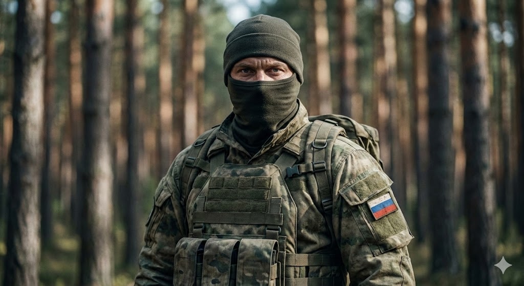 Портрет солдата в балаклаве и тактическом снаряжении в лесу