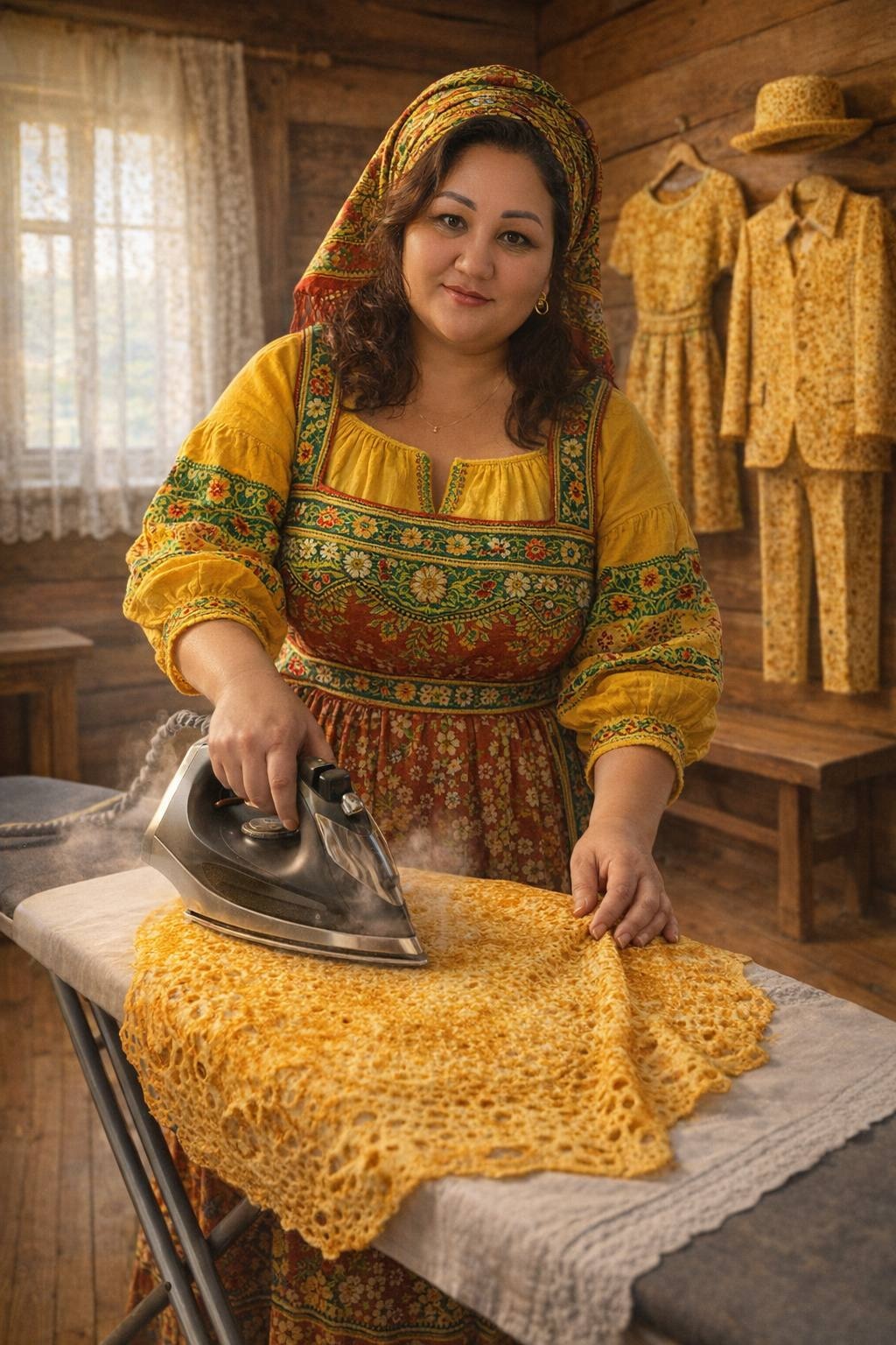 Женщина гладит ажурный блин утюгом в деревенской избе