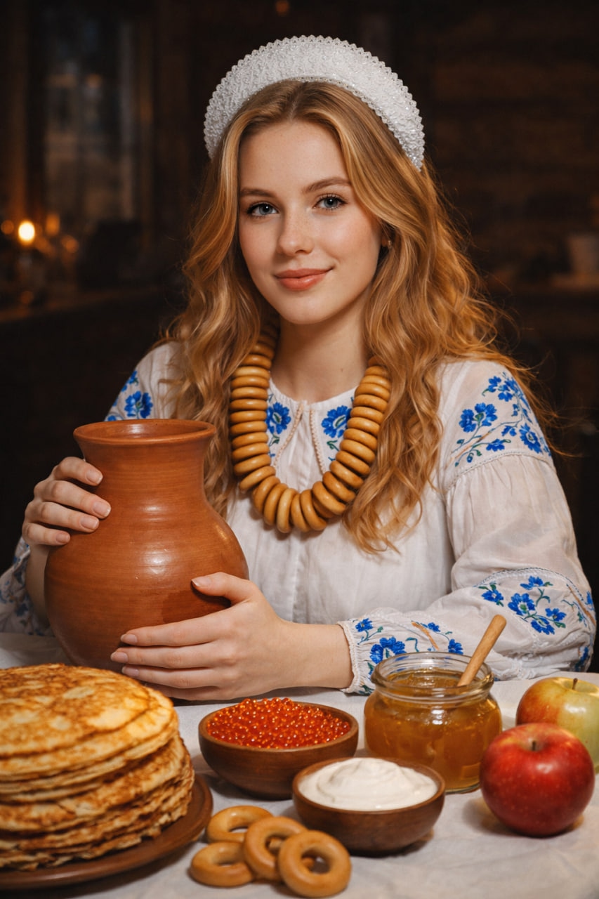 Масленичный портрет с кувшином и блинами