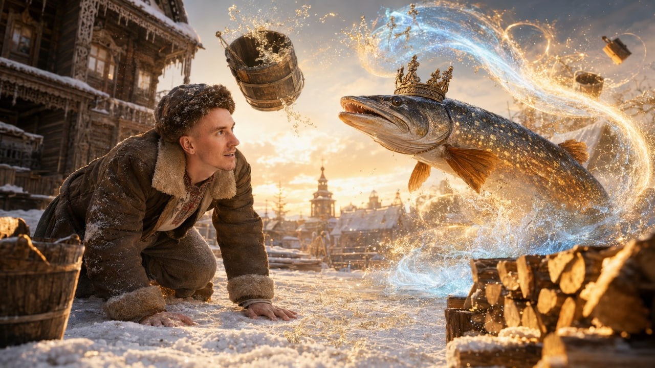 Волшебная щука в заснеженной русской деревне