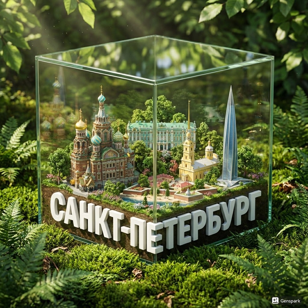 Городская диорама в стеклянном кубе среди мха