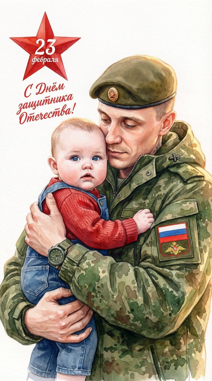 Открытка к 23 февраля: военный обнимает ребёнка