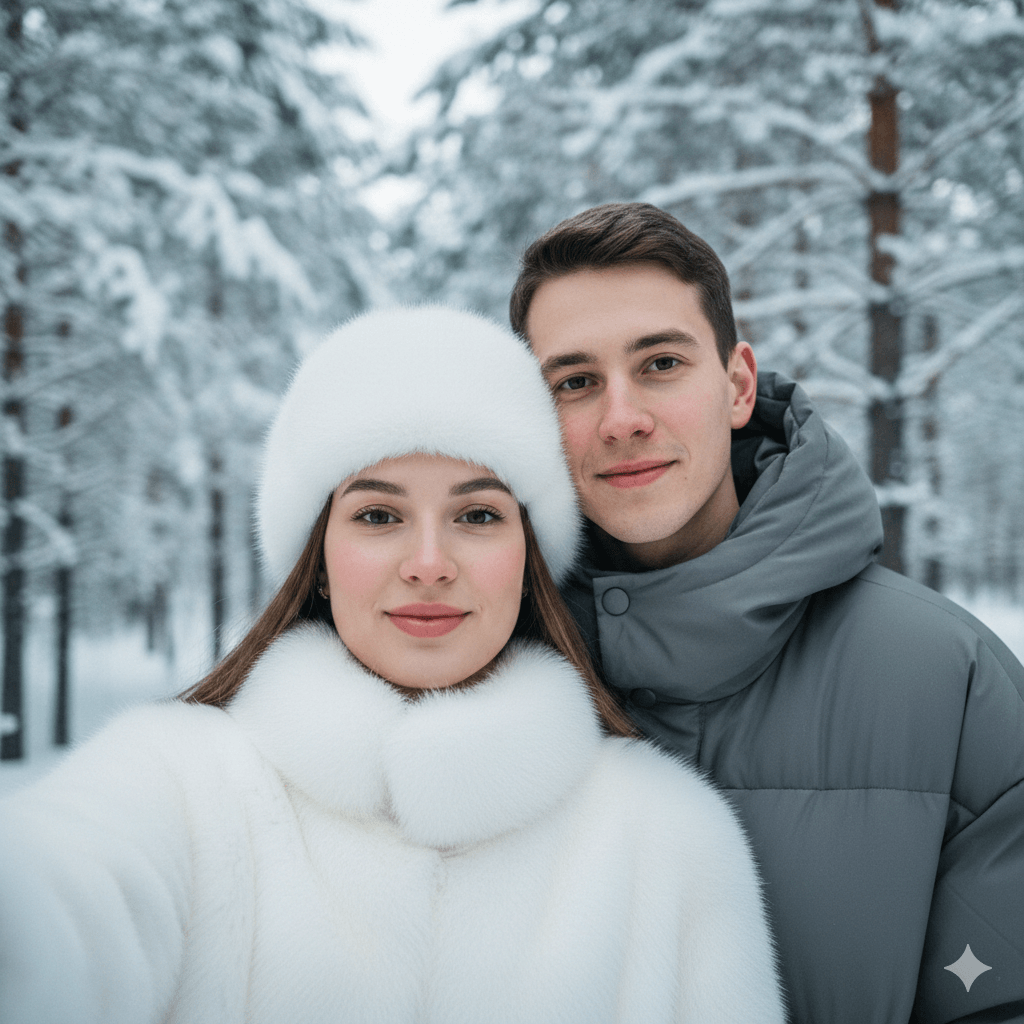 Зимнее селфи пары в заснеженном хвойном лесу