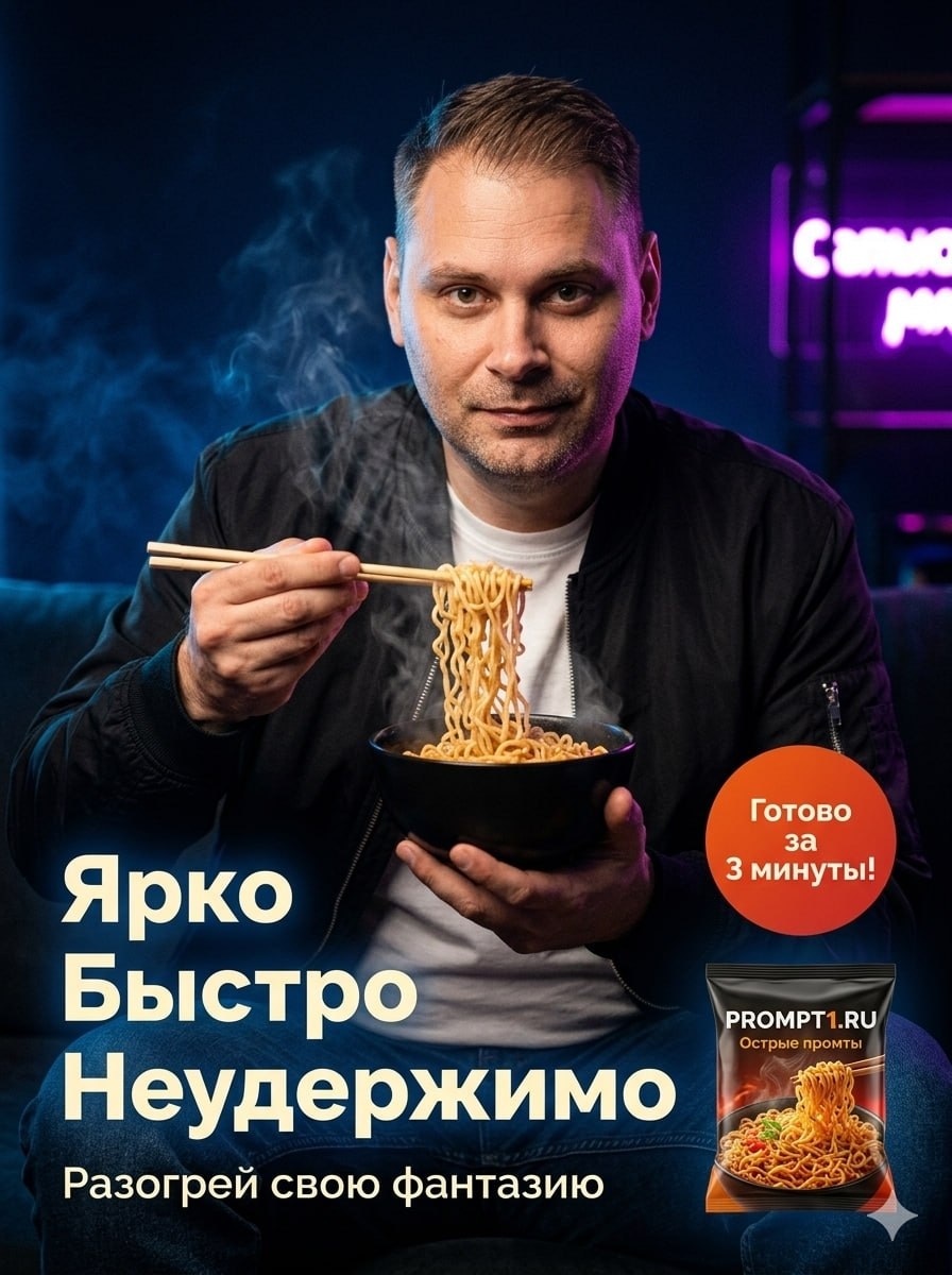 Рекламный постер лапши с портретом и русскими слоганами