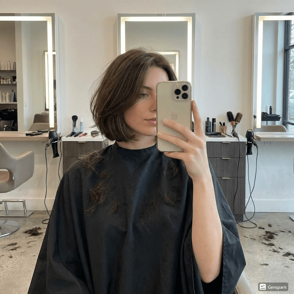 Примерка короткого каре в зеркале салона