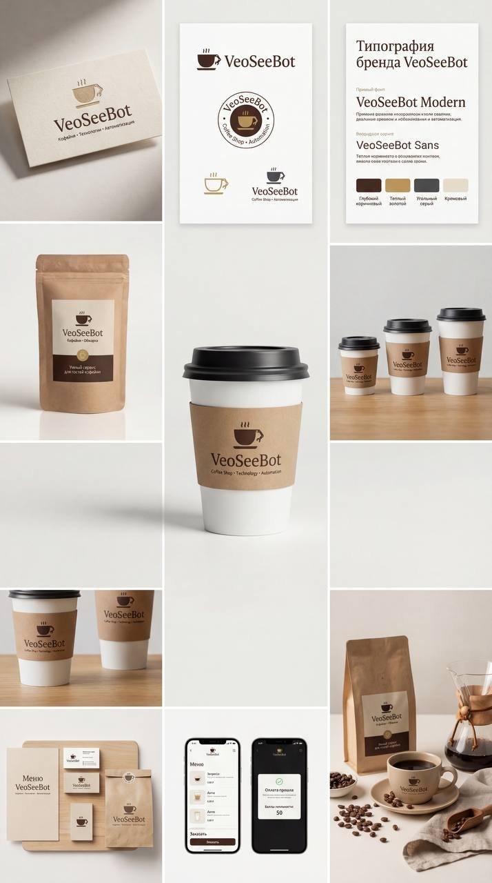 Create a premium brand identity for a modern coffee shop in a 3×3 square grid fo