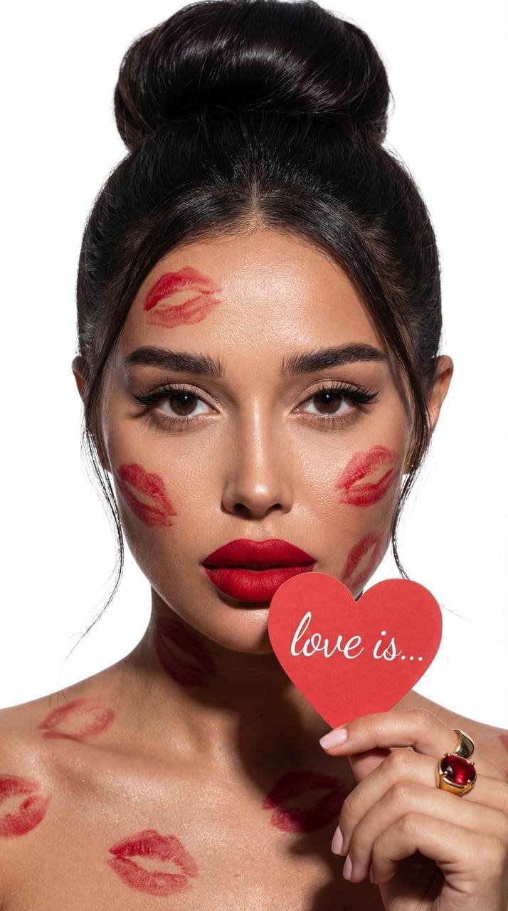 Model with photo reference. Model with neatly gathered hair in a careless bun, a