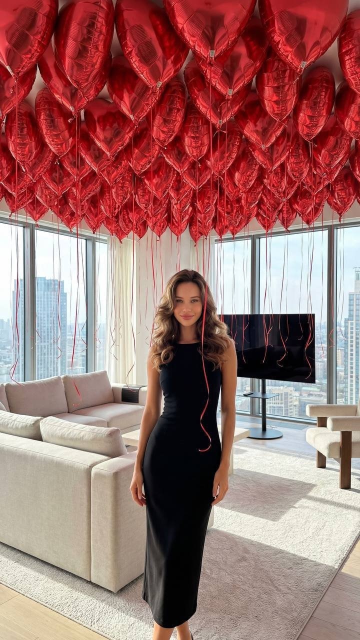 Model with photo reference. Modern panoramic living room with floor-to-ceiling w