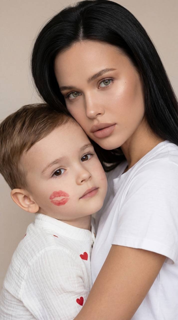 Large portrait of mother and child in studio lighting, vertical composition. Mom