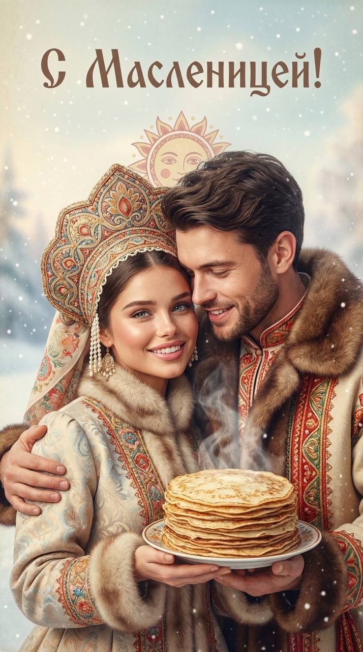 Create a vintage Shrovetide card from the uploaded photo. Completely preserve th