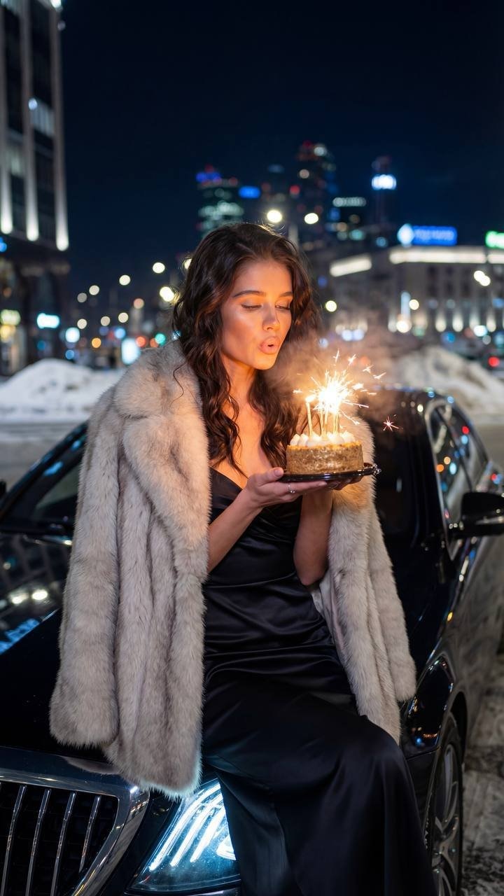 Luxurious evening shooting in urban style. Model with photo reference, preserved