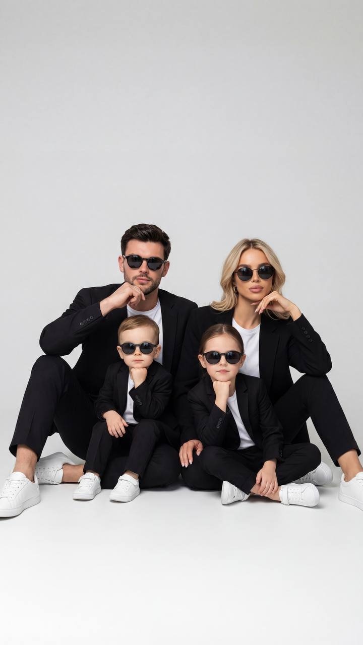 Models must exactly match the photo reference. Family portrait of four people on