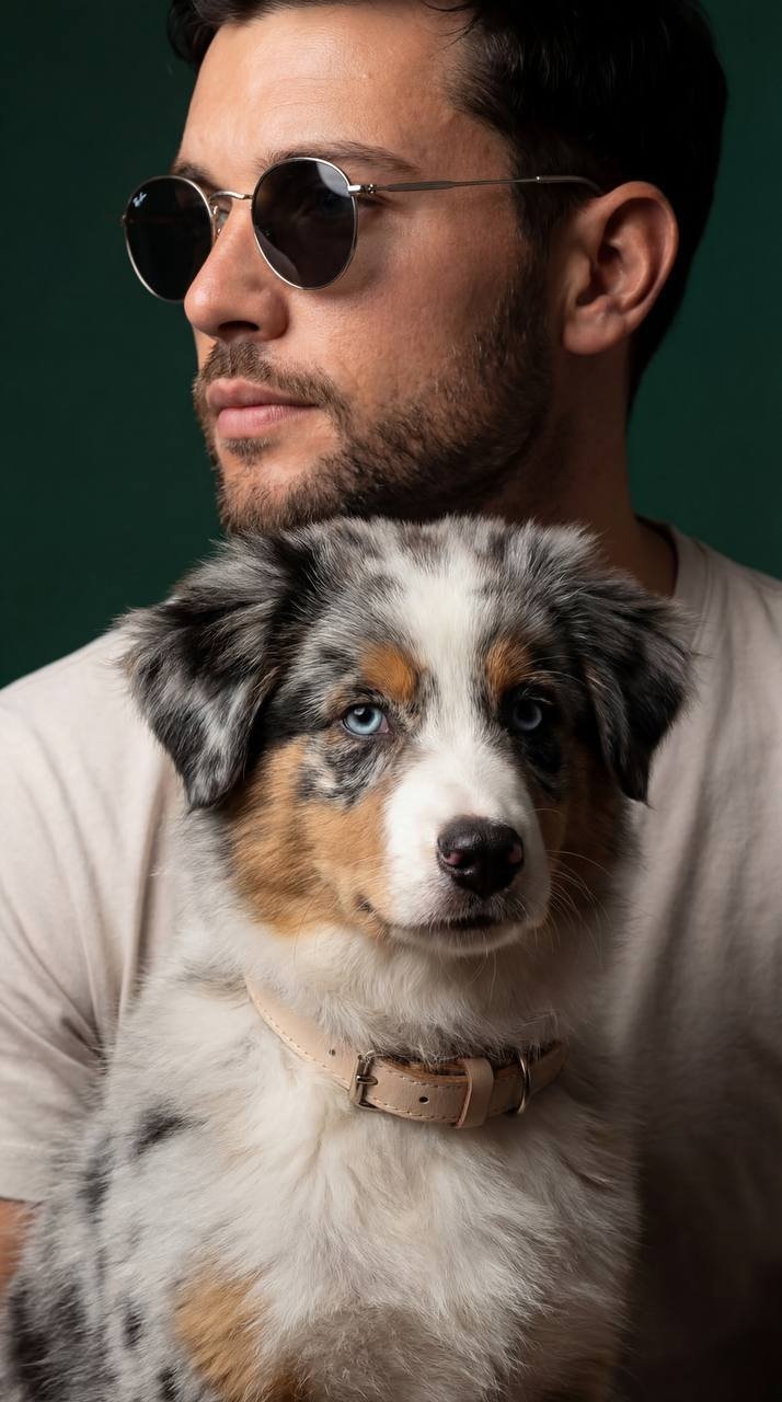 The model and dog are taken strictly from the reference photo. The model's face