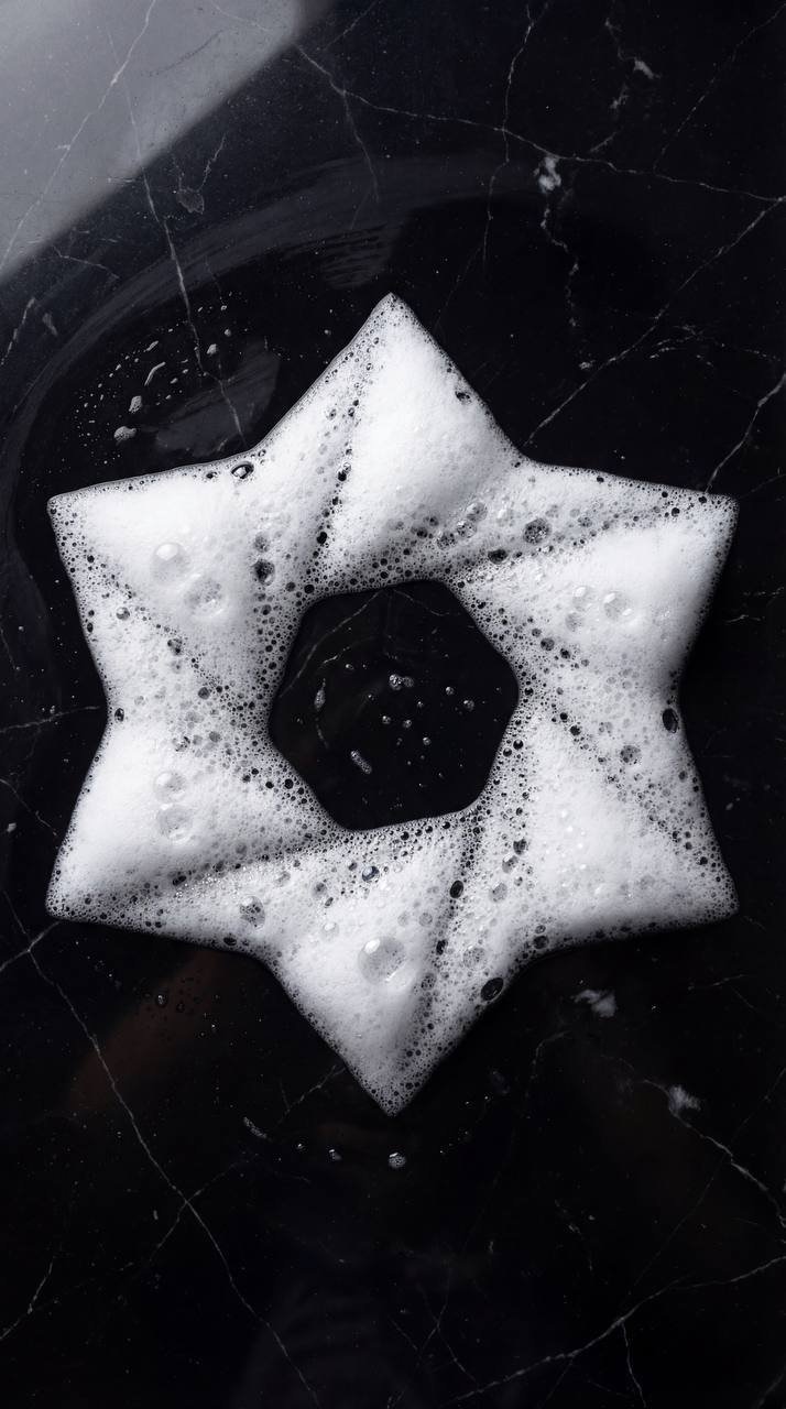 Ultra-realistic top-down photograph of detergent foam forming a precise [subject
