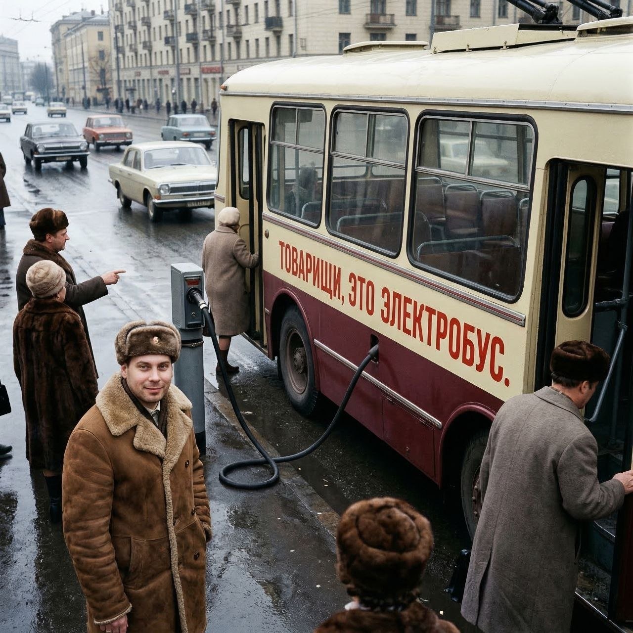 Советский электробус на городской улице 1970-х